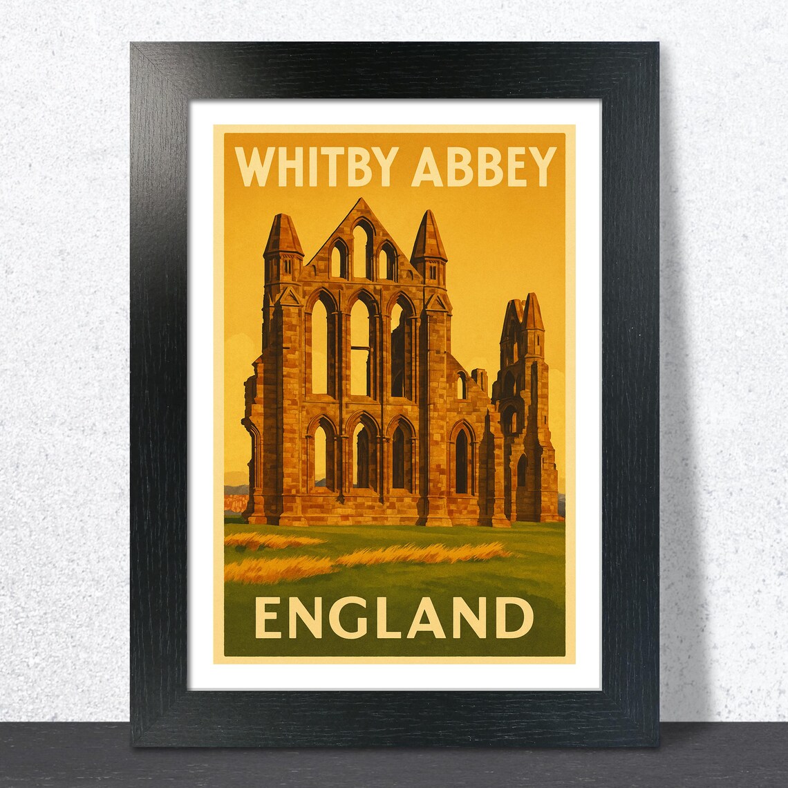 Whitby Abbey England Vintage Travel Poster Golden Gothic Ruins