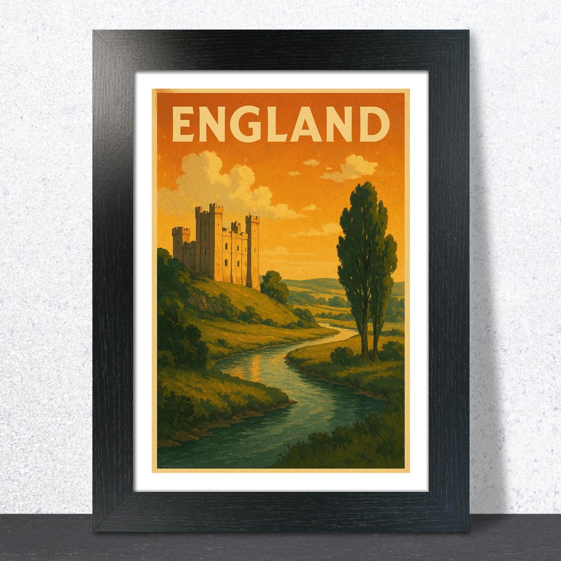 England Vintage Riverside Castle at Golden Sunset Travel Wall Art