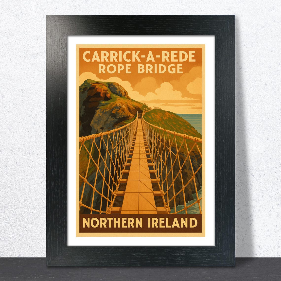 Carrick-A-Rede Rope Bridge Sunset Orange Vintage Travel Poster