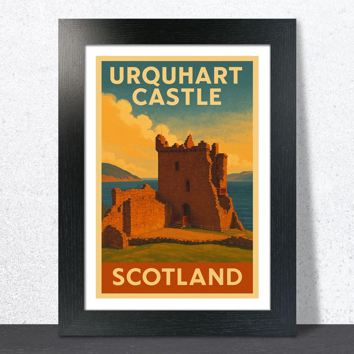 Urquhart Castle Loch Ness Scotland Amber Sunset Vintage Travel Poster