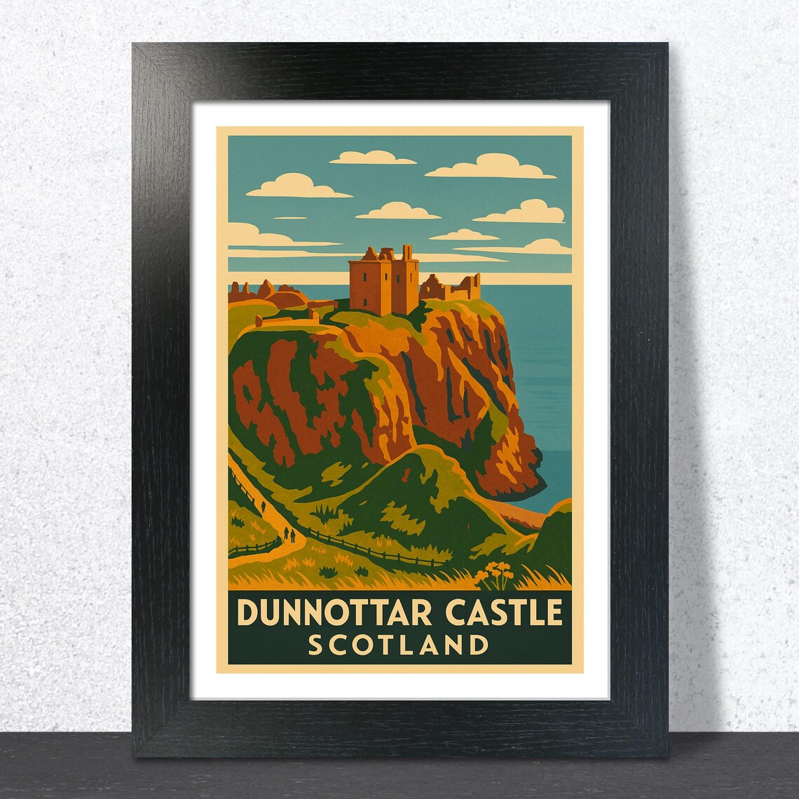 Dunnottar Castle Scotland Vintage Travel Poster Teal Sky Cliff Ruins