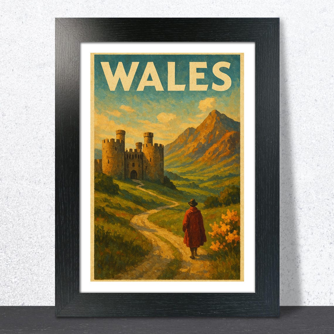 Wales Castle Mountain Trail Vintage Countryside Travel Poster