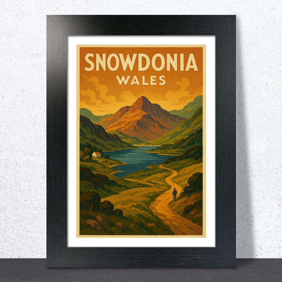 Snowdonia Wales Vintage Travel Poster Hiker Beside Mountain Lake