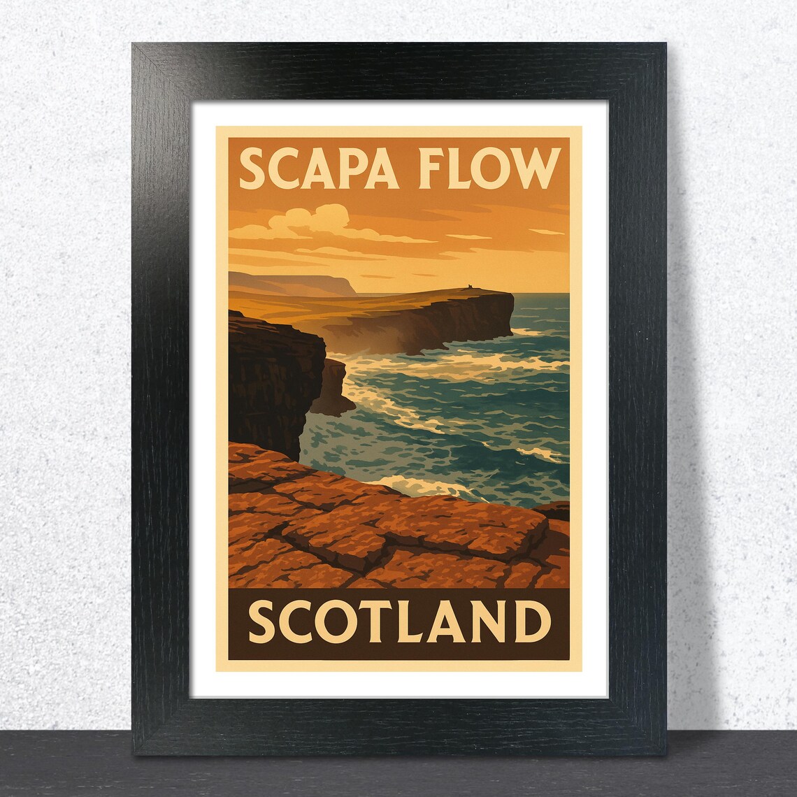 Scapa Flow Scotland Sunset Travel Poster Golden Coastal Cliffs