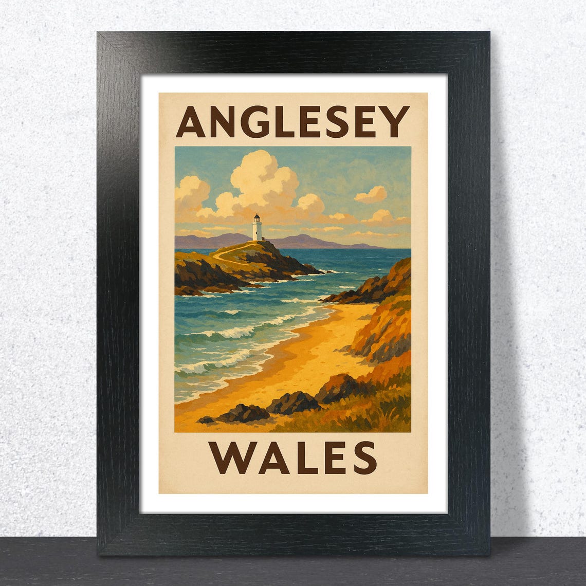 Anglesey Wales Golden Bay Lighthouse Classic Vintage Travel Poster