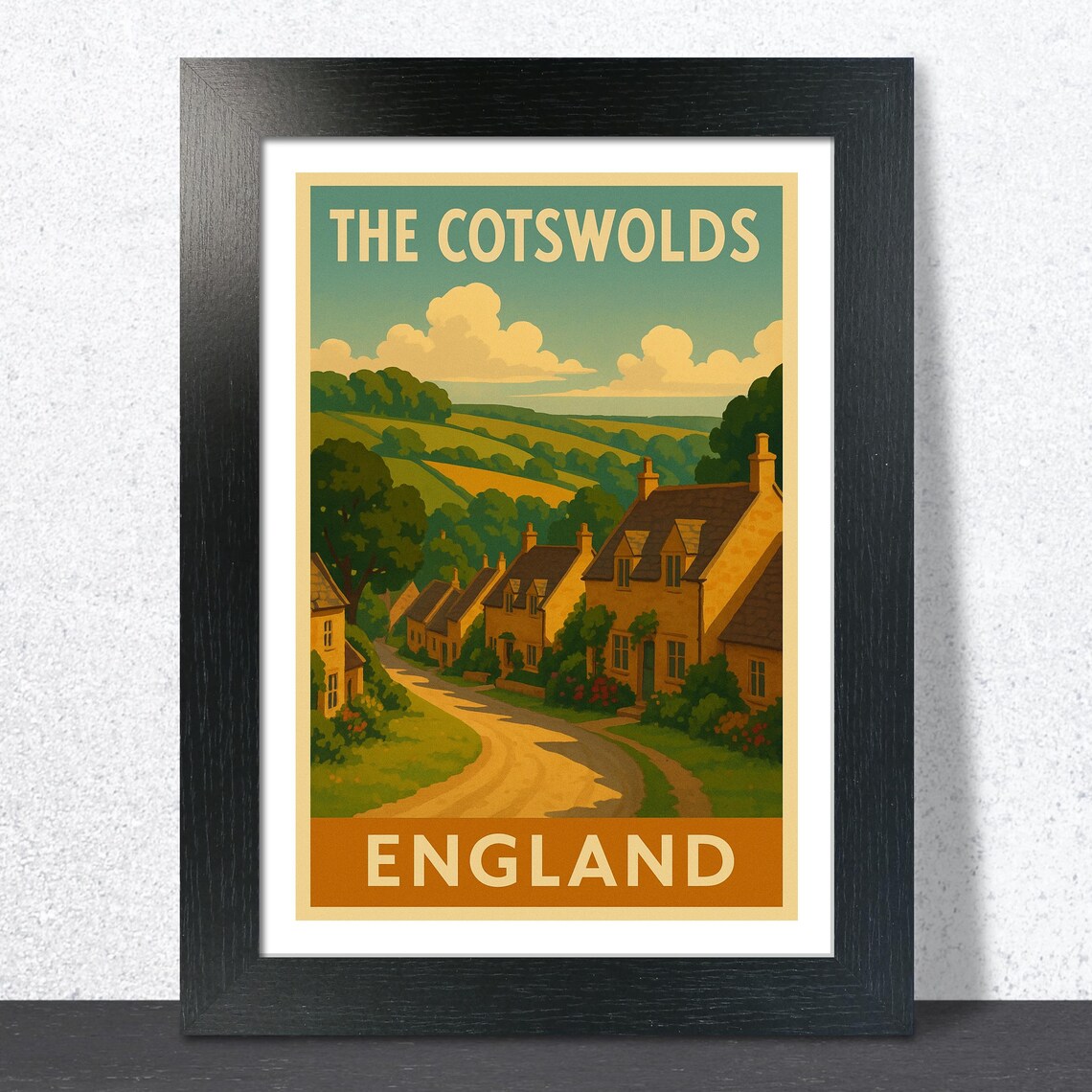 The Cotswolds England Vintage Travel Poster Honey Stone Cottages