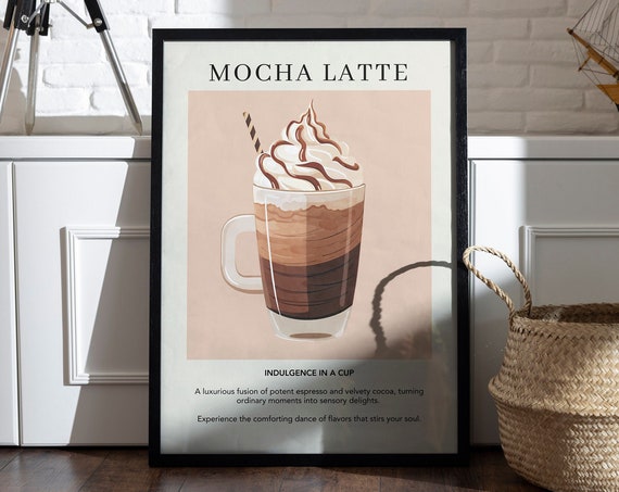 Mocha Latte Poster Kitchen Cart Decor Caffeine Coffee Print Retro Beverage Minimalist Wall Art Housewarming Gift