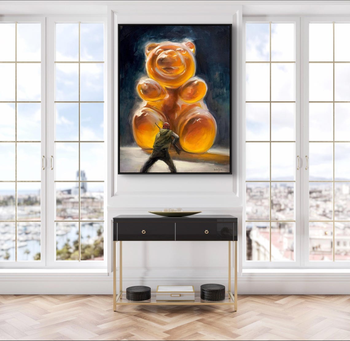 Giant Amber Gummy Bear Hyperrealist Oil Painting Sweet Poster - Image 2