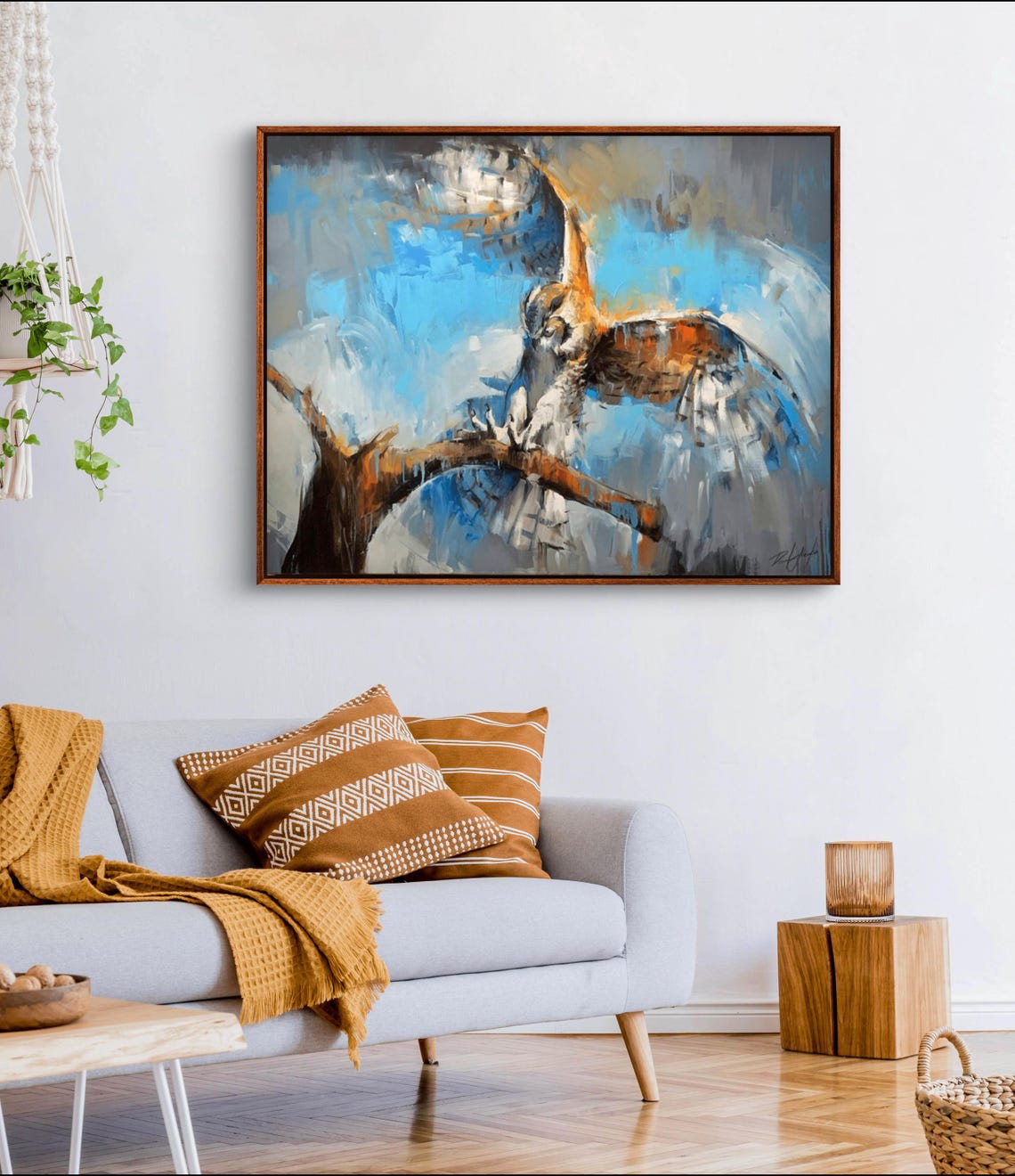 Owl Landing On Branch Spreading Wings Wildlife Oil Painting Poster - Image 2