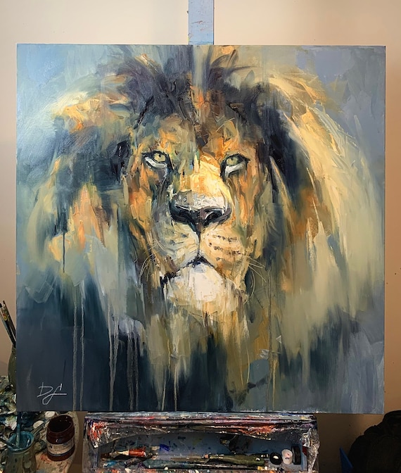 Majestic Lion Portrait Wild Big Cat Expressive Oil Painting Poster