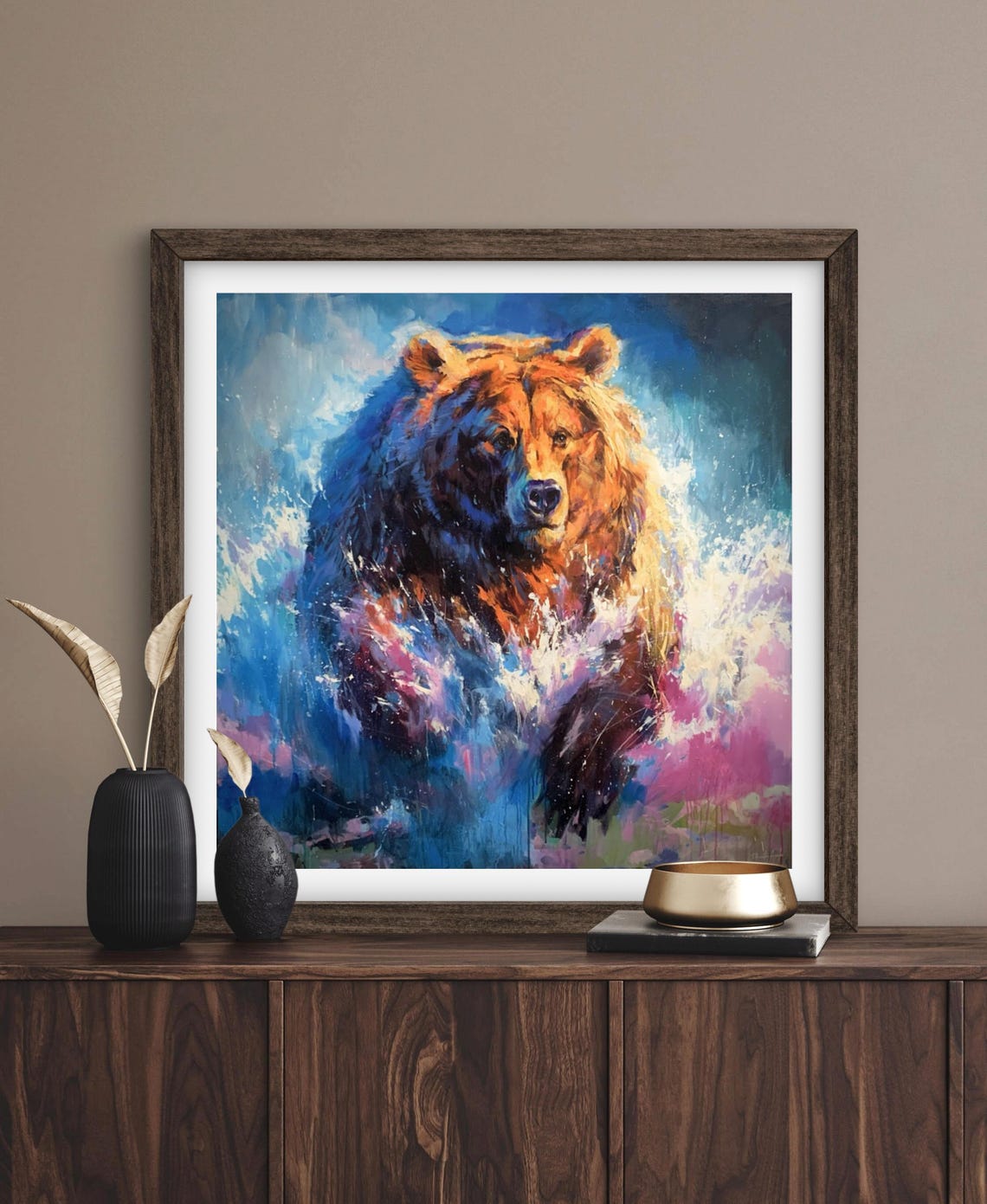 Art Print Powerful Ally Paper Grizzly Bear Poster Colorful Water Wildlife Painting Farmhouse Home Decor Woodlands Poster