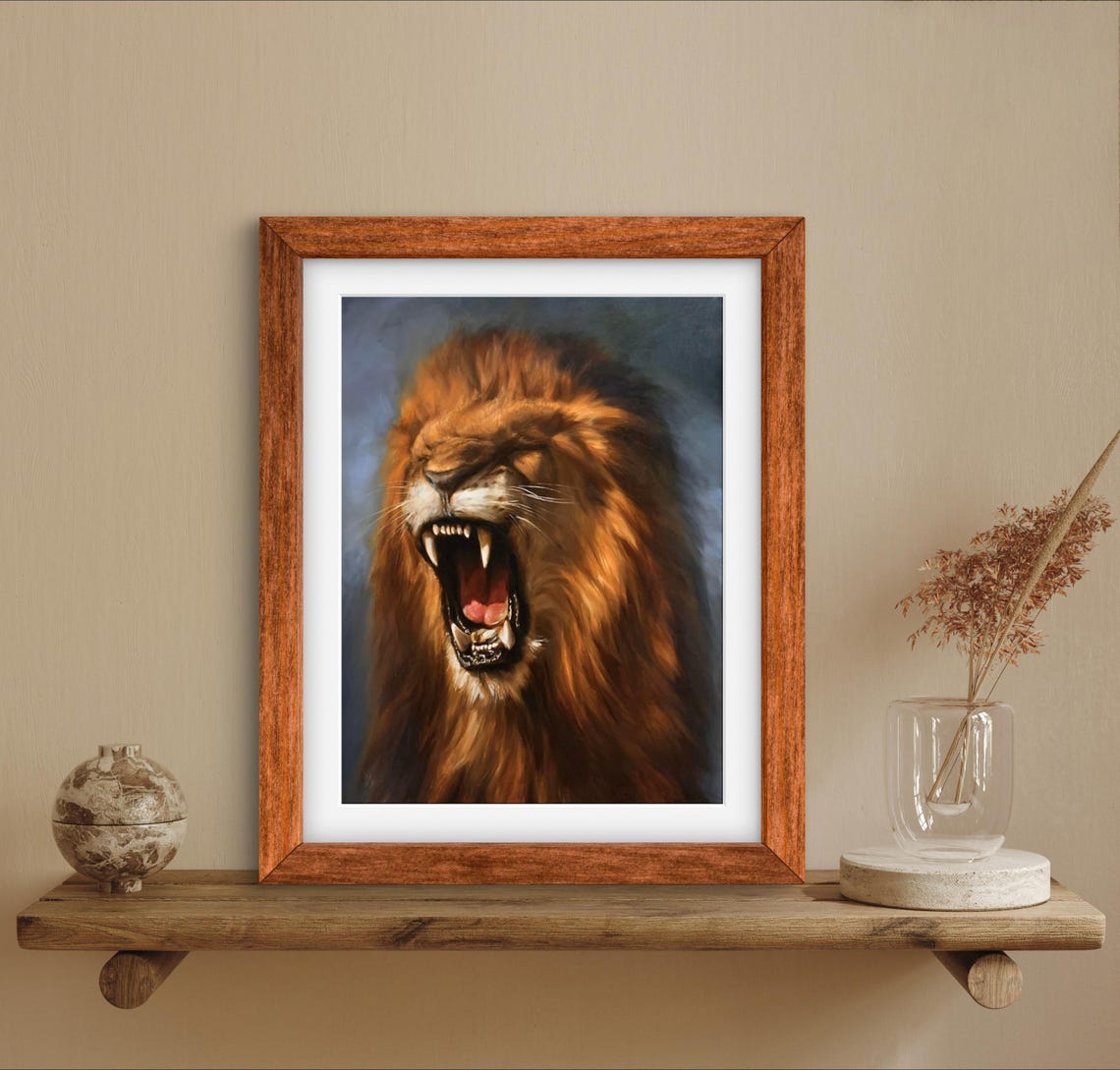 Roaring Lion Open Mouth Dramatic Wildlife Close Portrait Poster