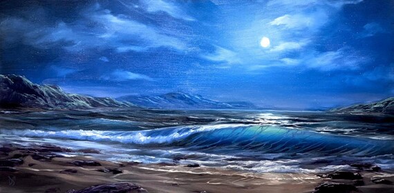 Moonlit Beach At Night With Gentle Waves Under A Starry Blue Sky Poster