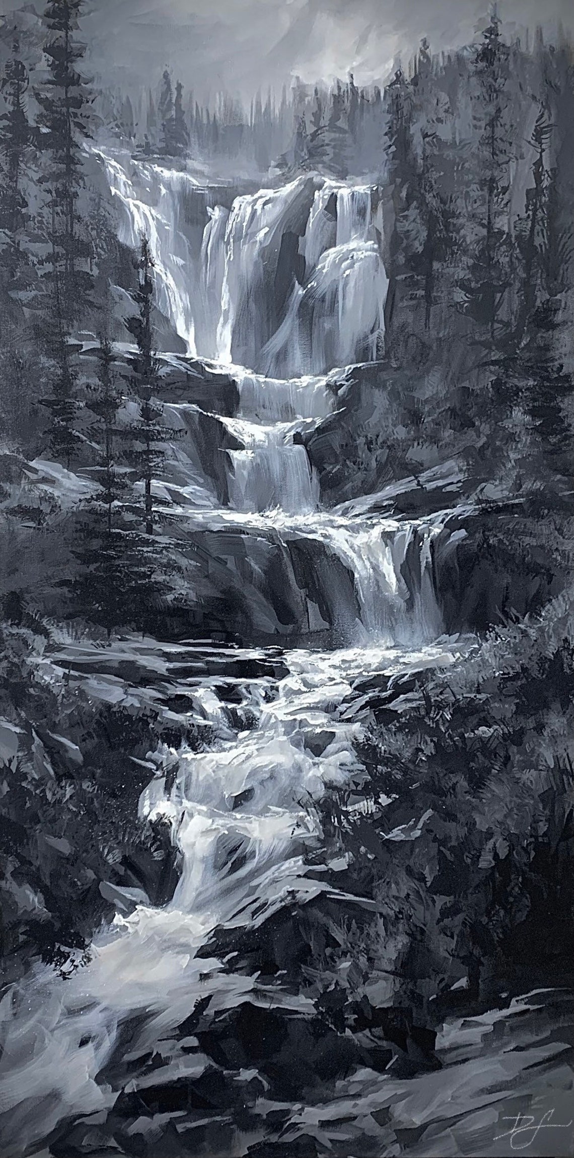 Black And White Waterfall Cascading Through A Misty Pine Forest Poster