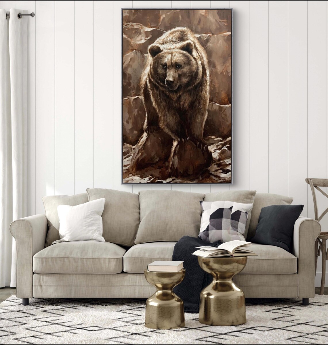 Grizzly Bear Standing On Rocky Cliff Wildlife Oil Painting Poster - Image 2