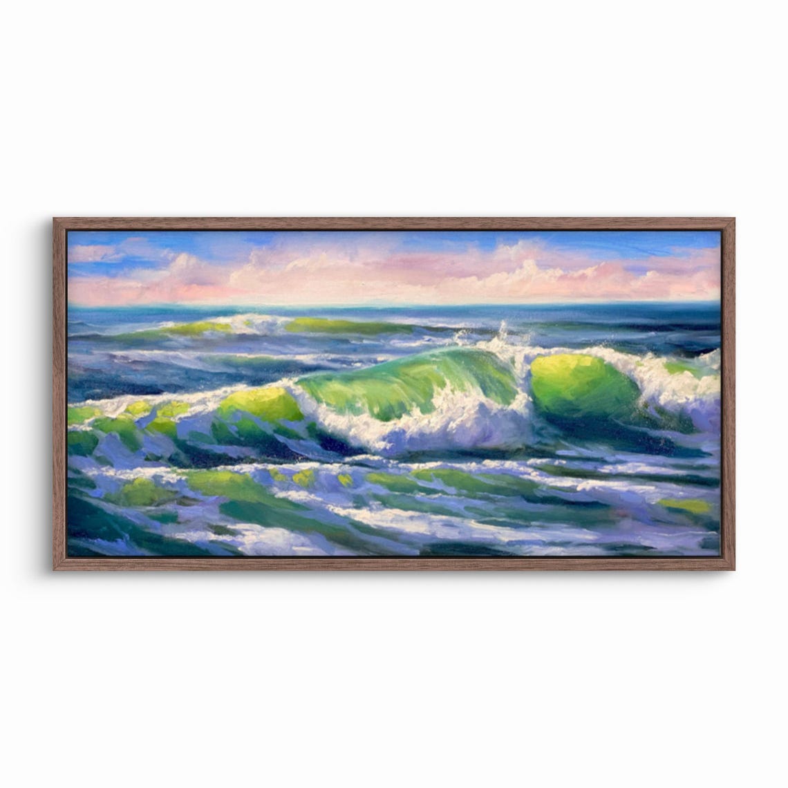 Green Rolling Ocean Waves Under Pink Sunset Clouds Beach Poster - Image 2