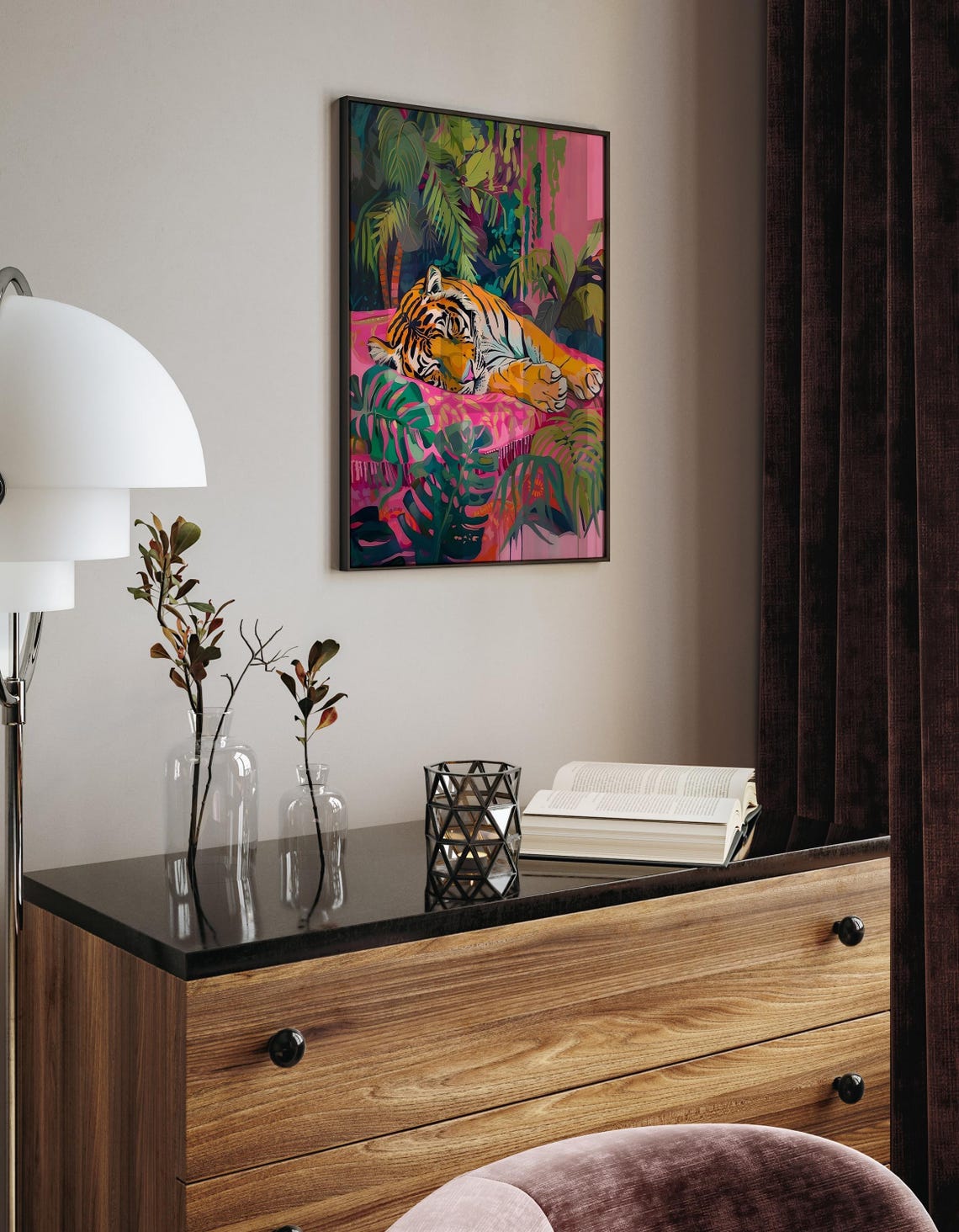 Sleeping Tiger Pink Jungle Botanical Maximalist Bedroom Wall Art - Image 3
