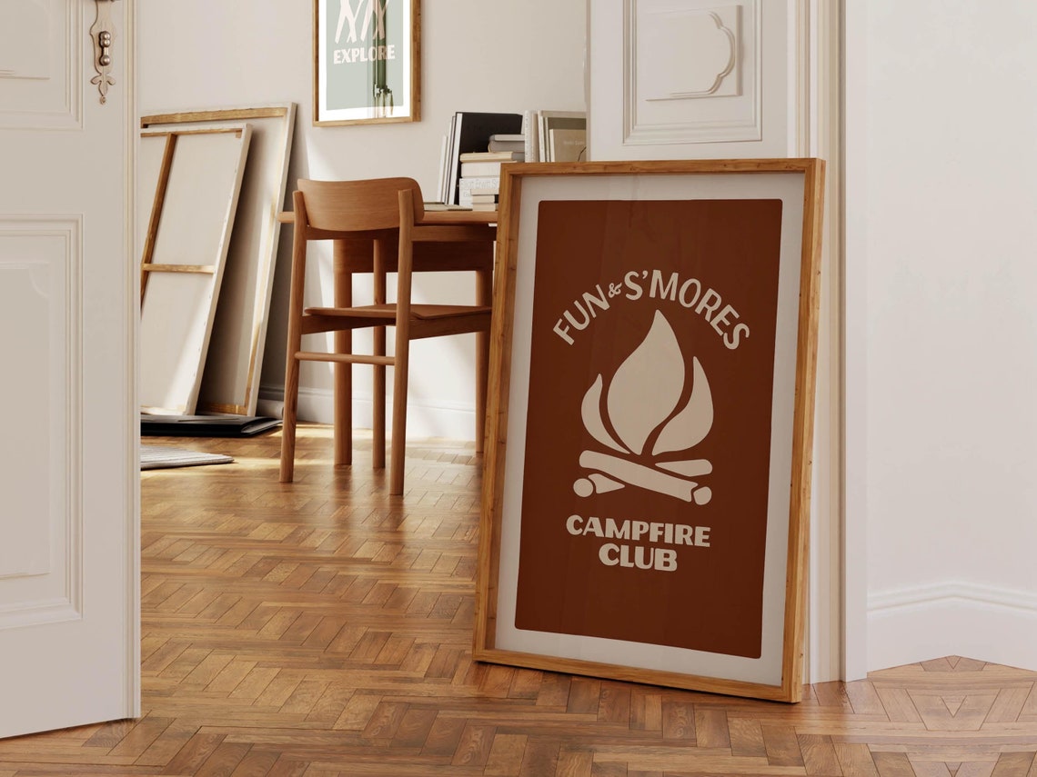Fun and Smores Campfire Club Flame Emblem Retro Cabin Wall Poster