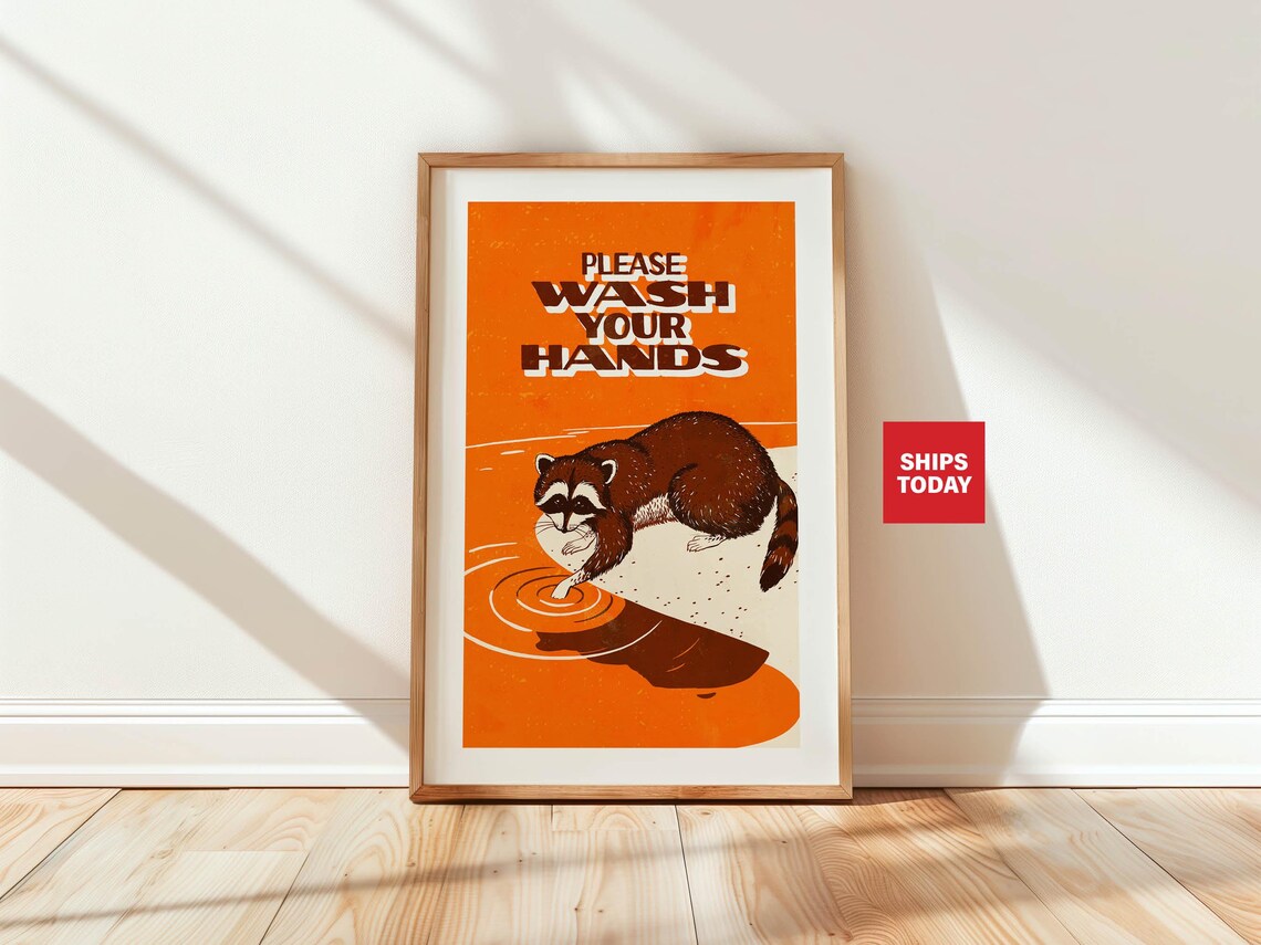 Wash Hands Raccoon Bathroom Retro Poster Art