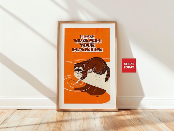 Wash Hands Raccoon Bathroom Retro Poster Art