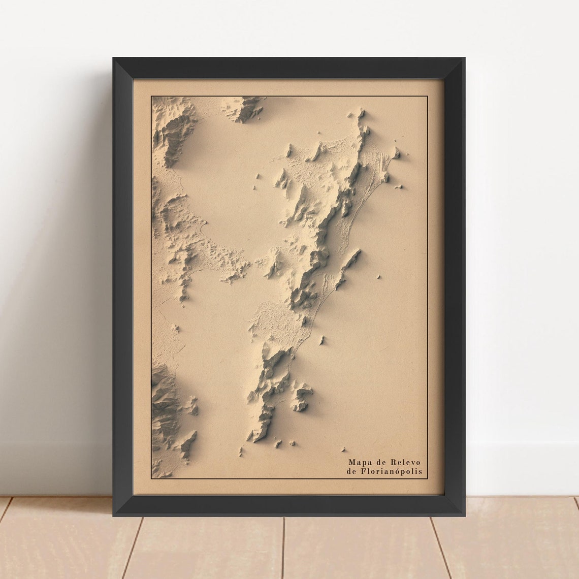 Florianopolis Brazil Beige Relief Map Minimalist Topography Wall Art