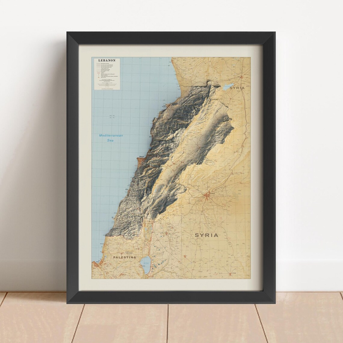 Antique Lebanon 1983 Vintage Sepia Topographic Relief Map Wall Art