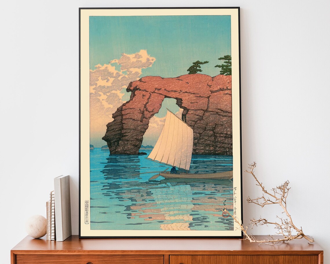 Japanese Stone Arch Sea Sailboat Woodblock Style Coastal Poster
