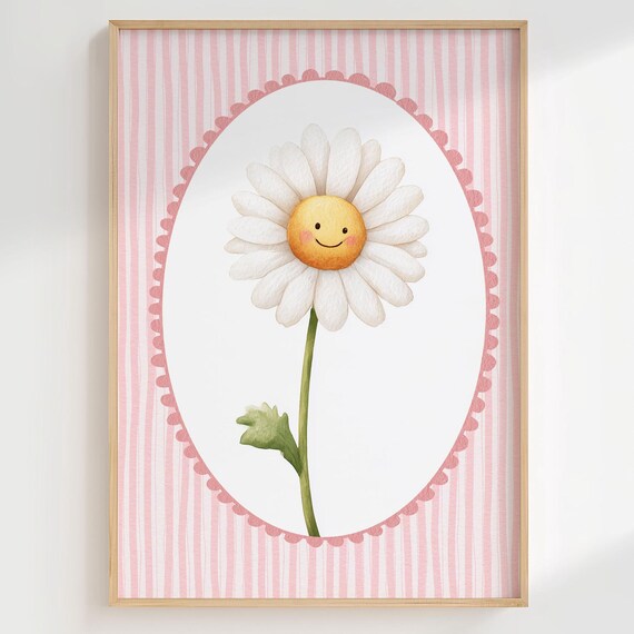 Smiling Daisy Happy Flower on Pink Striped Girls Room Poster