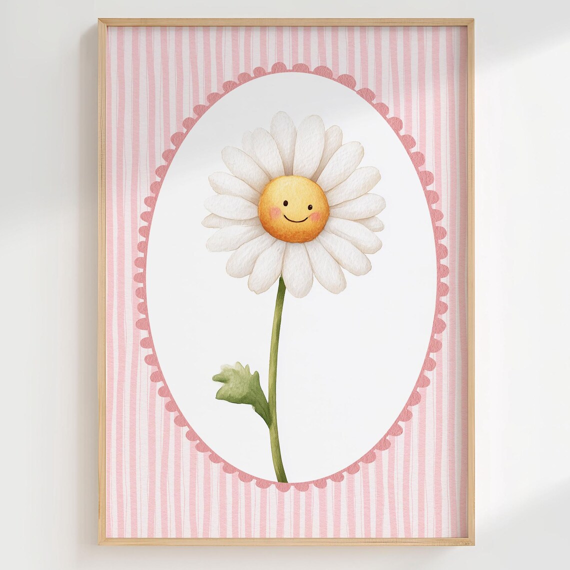 Smiling Daisy Happy Flower on Pink Striped Girls Room Poster