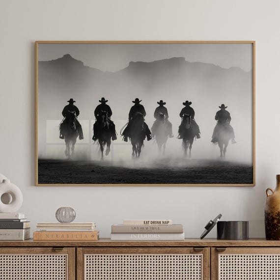 Cowboys Ride Through Canyon Shadows Black And White Western Canvas
