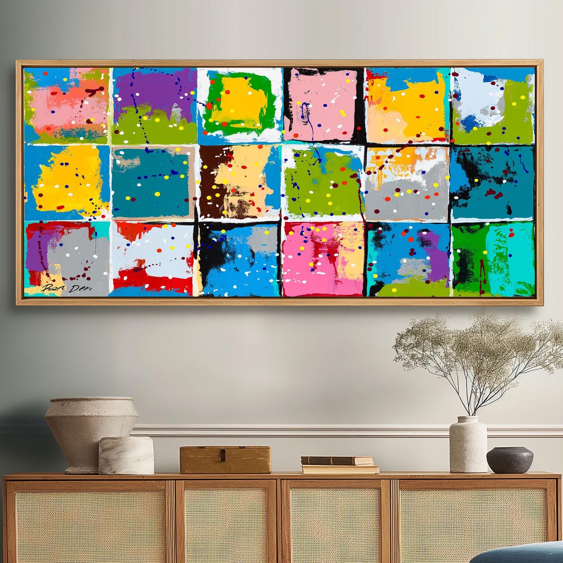 Wide Rainbow Color Block Grid Splatter Modern Abstract Poster