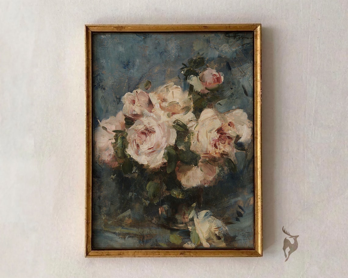 Vintage White Roses Oil Painting Impressionist Floral Art Poster
