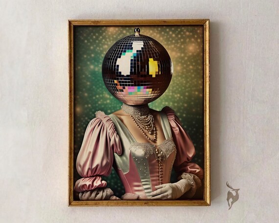 Disco Ball Head Pink Gown Surreal Party Portrait Glam Art Poster