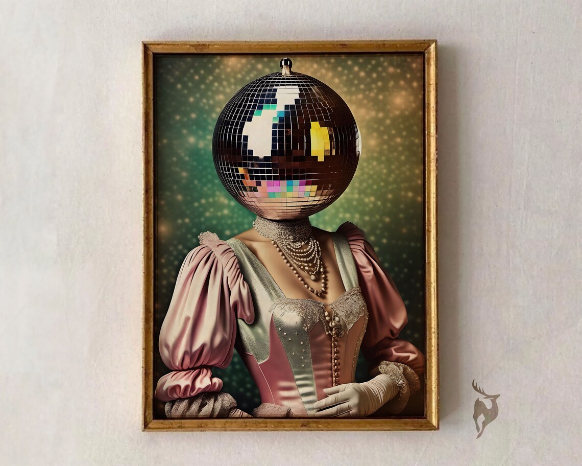 Disco Ball Head Pink Gown Surreal Party Portrait Glam Art Poster