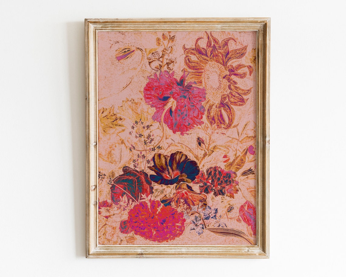 Funky Vintage Floral Still Life Psychedelic Botanical Wall Art