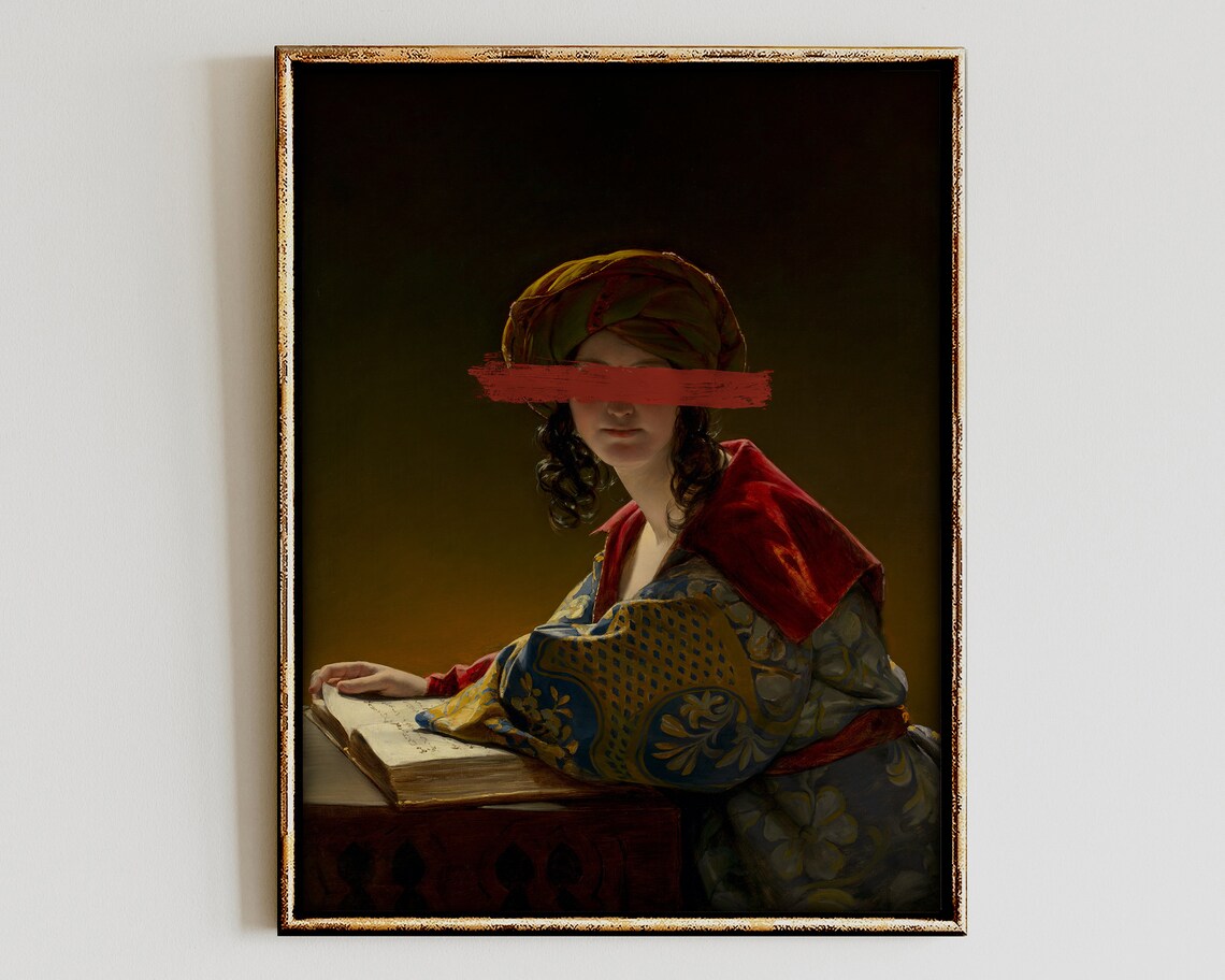 Altered Antique Turban Portrait Red Paint Swipe Orientalist Art Print