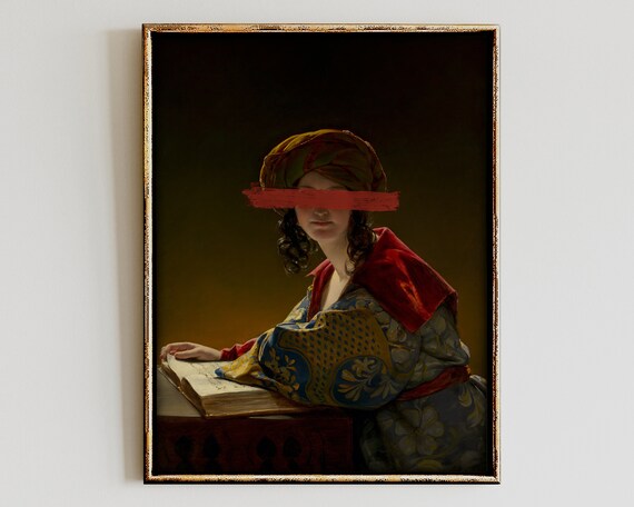 Altered Antique Turban Portrait Red Paint Swipe Orientalist Art Print