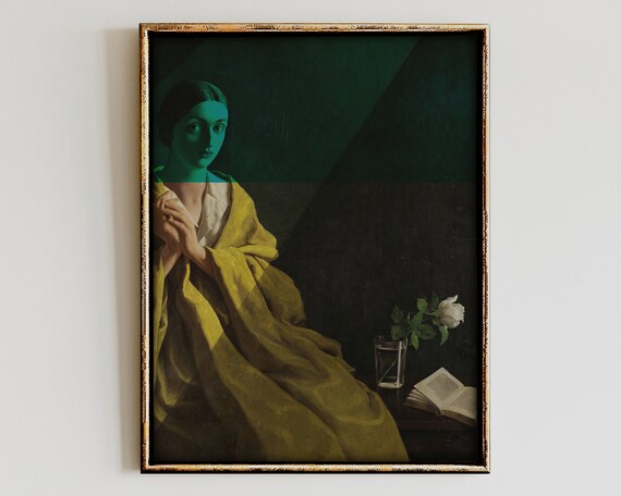 Moody Dark Classical Woman Portrait Golden Shawl Oil Painting Poster