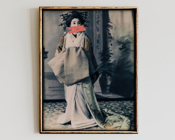 Geisha Print Collage Altered Art For Bedroom Decor Antique Detail Painting Woman Pink Wall Quirky