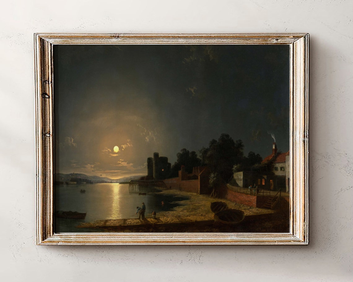 Moonlit River Village Full Moon Boats Moody Vintage Night Painting Poster