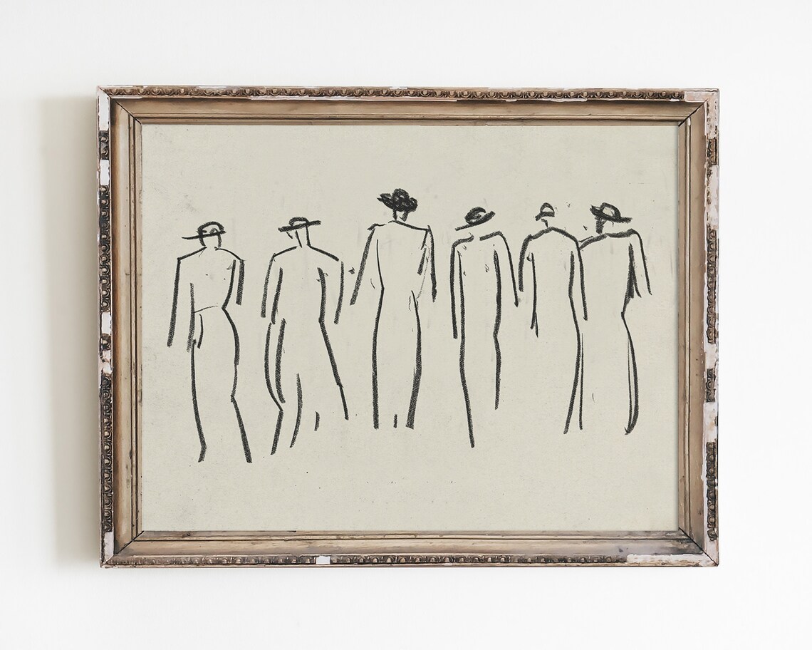 Light Academia Standing Figures Loose Ink Sketch Neutral Art Print