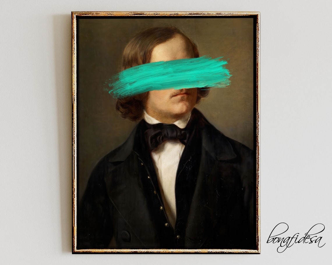 Altered Victorian Gentleman Teal Paint Stroke Portrait Art Print