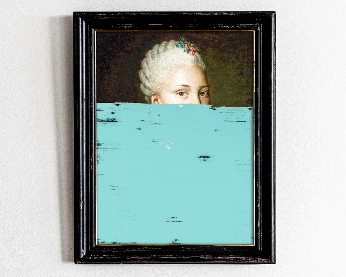 Baroque Woman Teal Paint Stroke Altered Modern Portrait Art Poster