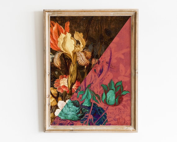 Split Classical Modern Iris Floral Bold Half Color Art Poster