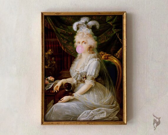 Bubblegum Classical Portrait Lady White Gown Feathered Hat Art Poster