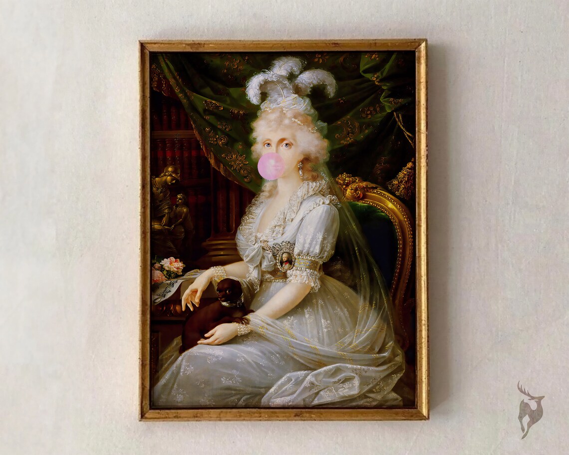 Bubblegum Classical Portrait Lady White Gown Feathered Hat Art Poster