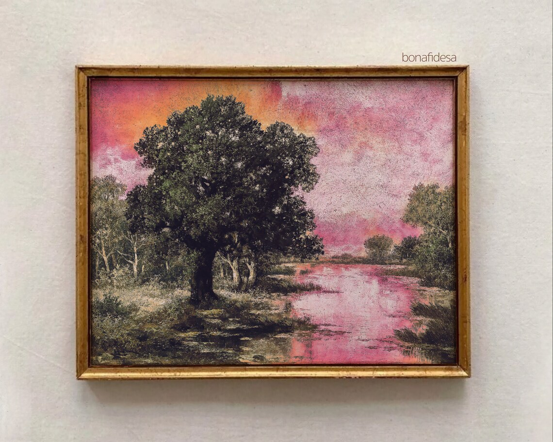 Surreal Pink Sunset Tree and River Moody Vintage Landscape Art Poster