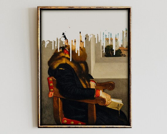 Altered Bearded Gentleman Portrait White Paint Drips Art Poster