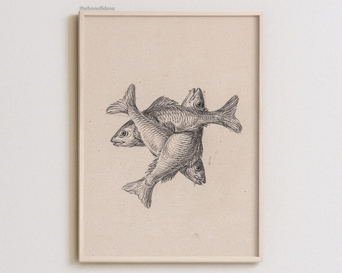 Vintage Animal Sketch Fish Charcoal Drawing Print Retro Poster Wall Art