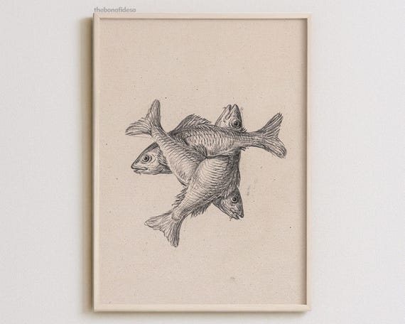 Vintage Animal Sketch Fish Charcoal Drawing Print Retro Poster Wall Art